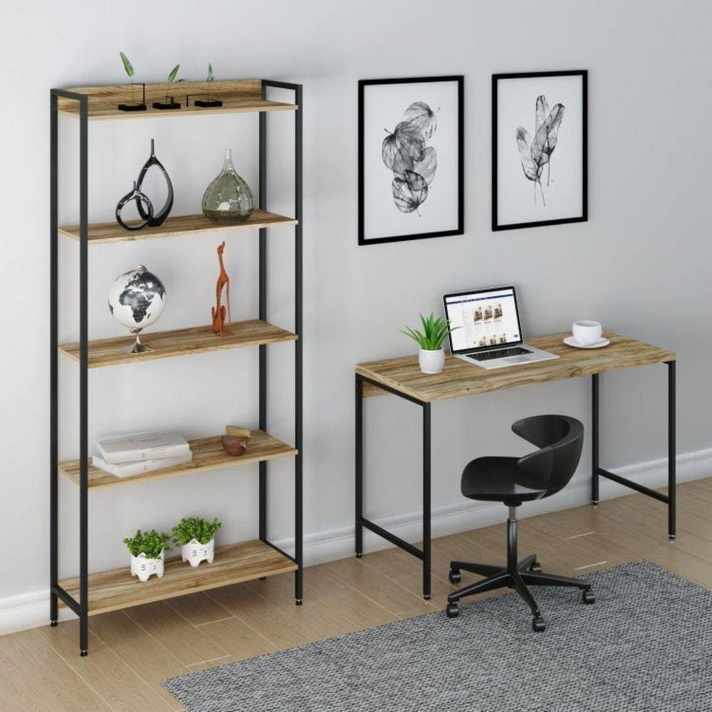 Conjunto Home Office Industrial 2 Peças Escrivaninha com Estante Active Yescasa Carvalho