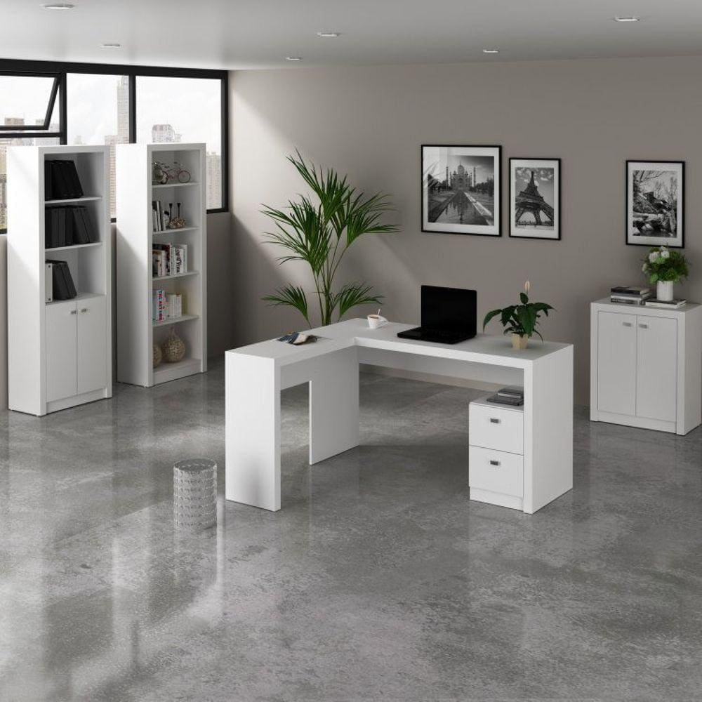 Conjunto Home Office 4 Peças com 1 Mesa para Escritório 2 Estantes e 1 Balcão Tecno Mobili Branco