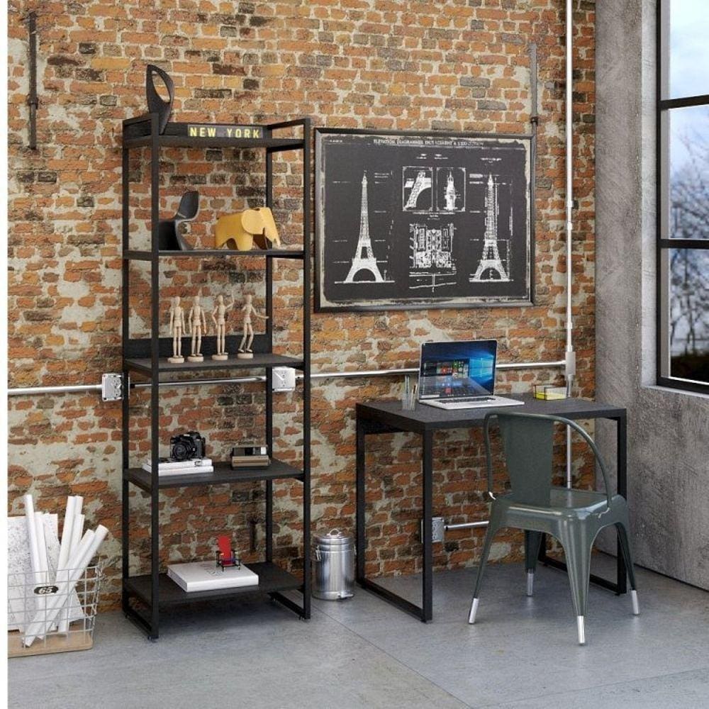Escrivaninha 90cm com Estante 60cm 5 Prateleiras Industrial Compace Onix Onix
