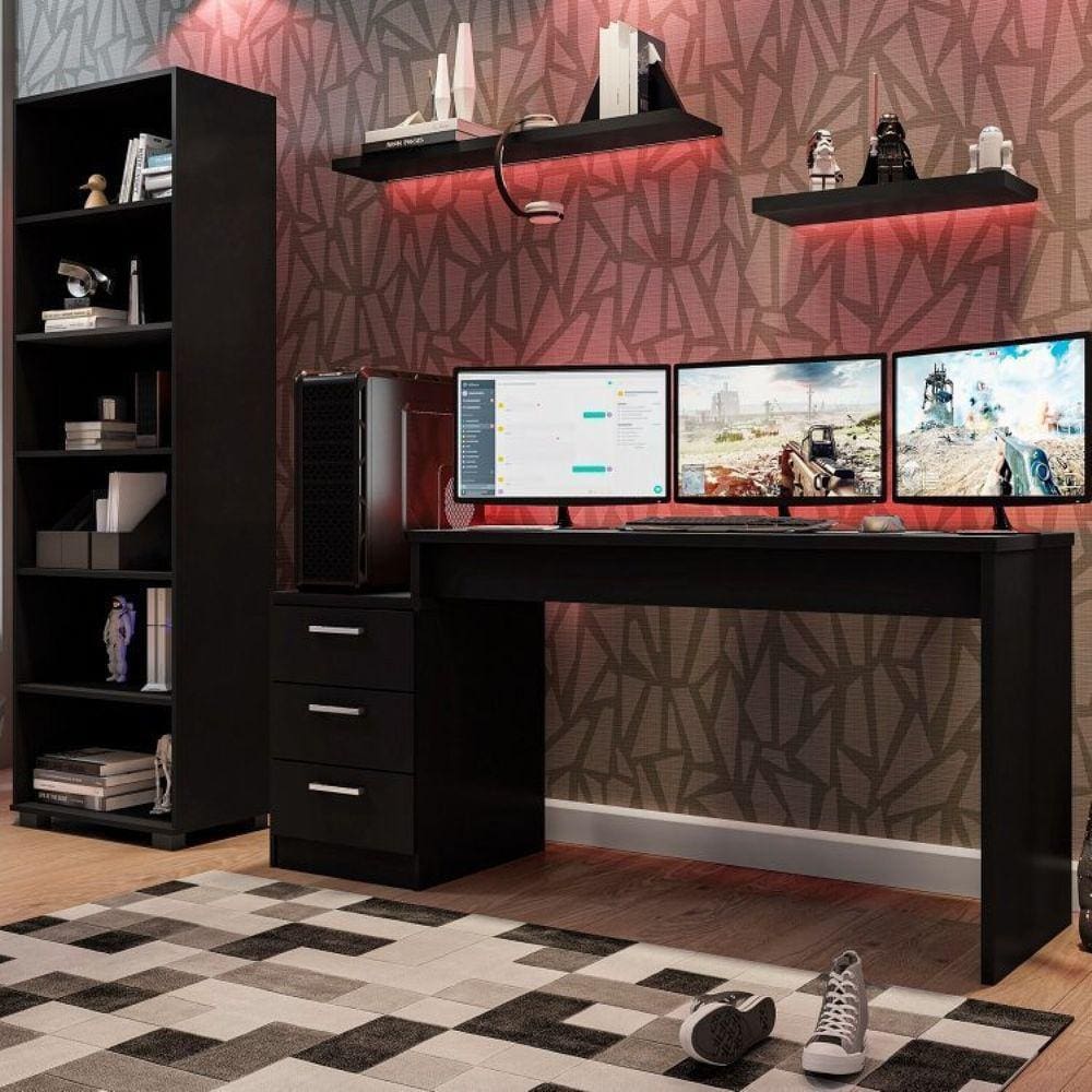 Conjunto Home Office 2 Peças Mesa Gamer e Estante 5 Prateleiras Móveis Leão Preto