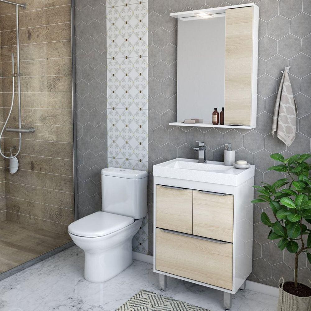 Gabinete para Banheiro com Cuba e Espelheira com LED Eleganza Ozini Branco/Legno Crema