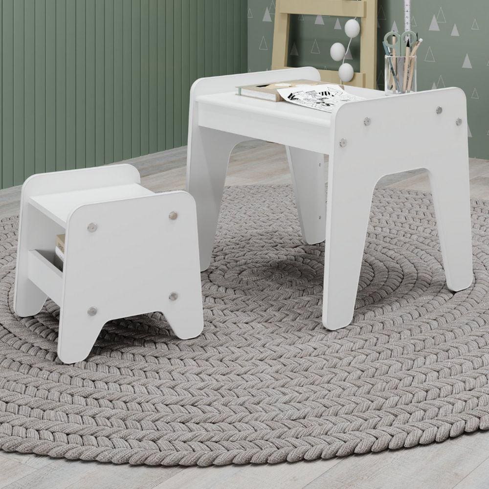 Conjunto Mesa e Banquinho Infantil Montessori Movelbras Branco