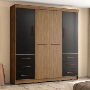 Guarda Roupa Casal 4 Portas 6 Gavetas Estrela Marafon Móveis Nogueira/Preto
