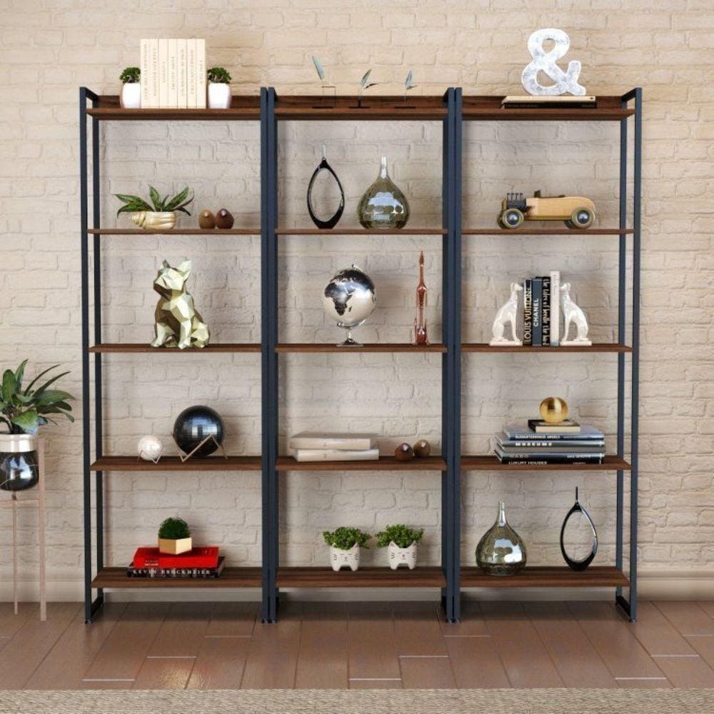 Conjunto 3 Estantes para Livros Industrial Aço Multiuso 15 Prateleiras Active Yescasa Nogal