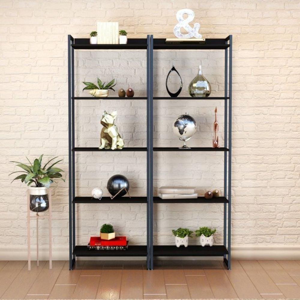 Conjunto 2 Estantes para Livros Altas Industrial Aço 5 Prateleiras 187x60cm Active Yescasa Preto Onix