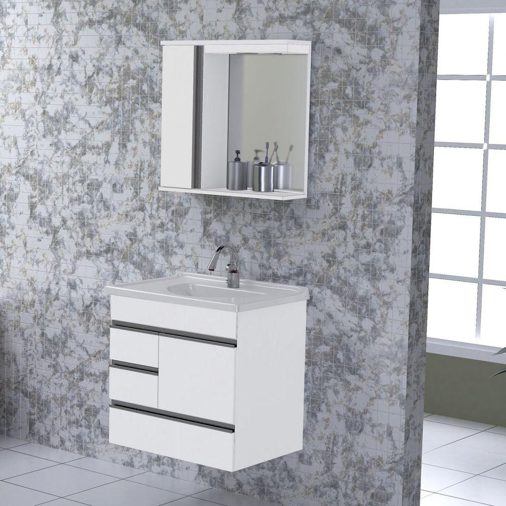 Kit Gabinete de Banheiro Suspenso 1 Porta 3 Gavetas Espelheira 1 Porta e Cuba em Mármore Sintético A Branco Texturizado