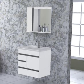 Kit Gabinete de Banheiro Suspenso 1 Porta 3 Gavetas Espelheira 1 Porta e Cuba em Mármore Sintético A Branco Texturizado