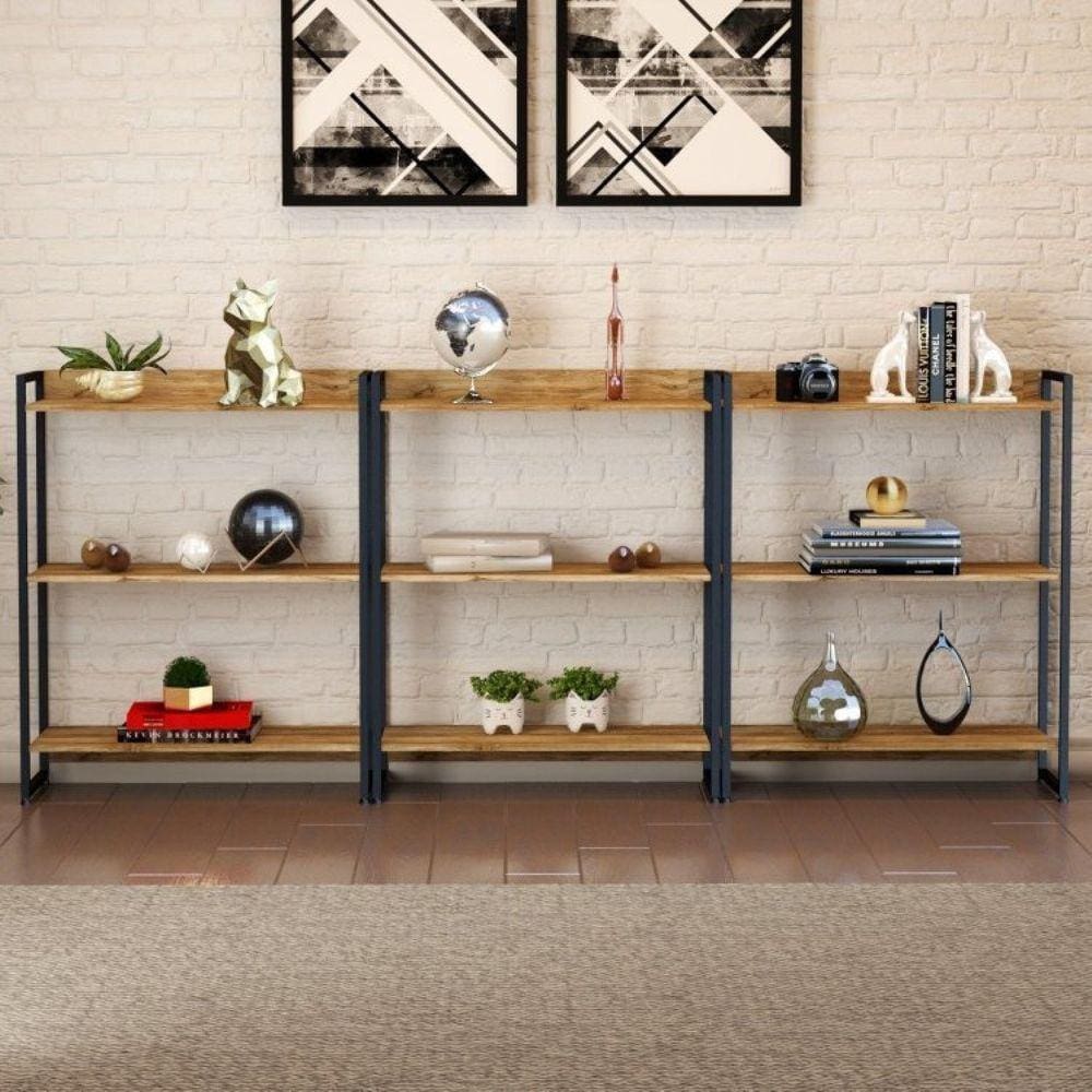 Conjunto 3 Estantes para Livros Baixas Industrial Aço 3 Prateleiras 104x80cm Active Yescasa Carvalho