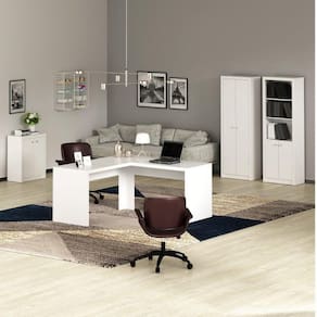 Conjunto Home Office 4 Peças 1 Mesa para Escritório em L 1 Estante 1 Armário e 1 Balcão Tecno Mobili Branco