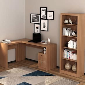 Conjunto Home Office 2 Peças com 1 Mesa para Escritório em L e 1 Estante Tecno Mobili Amendoa
