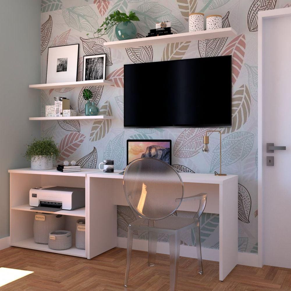 Conjunto Home Office com Escrivaninha, Estante Baixa e 3 Prateleiras Bramov Branco