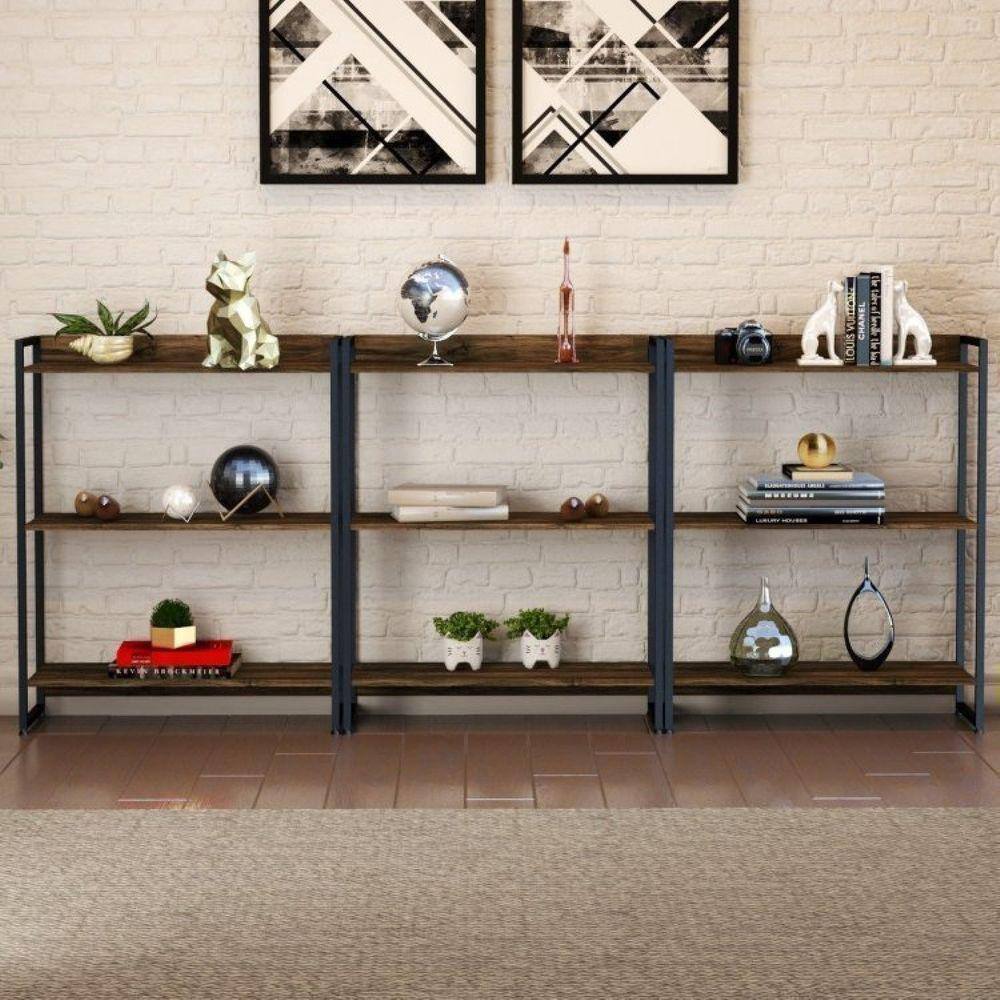 Conjunto 3 Estantes para Livros Baixas Industrial Aço 3 Prateleiras 104x80cm Active Yescasa Carvalho Dark
