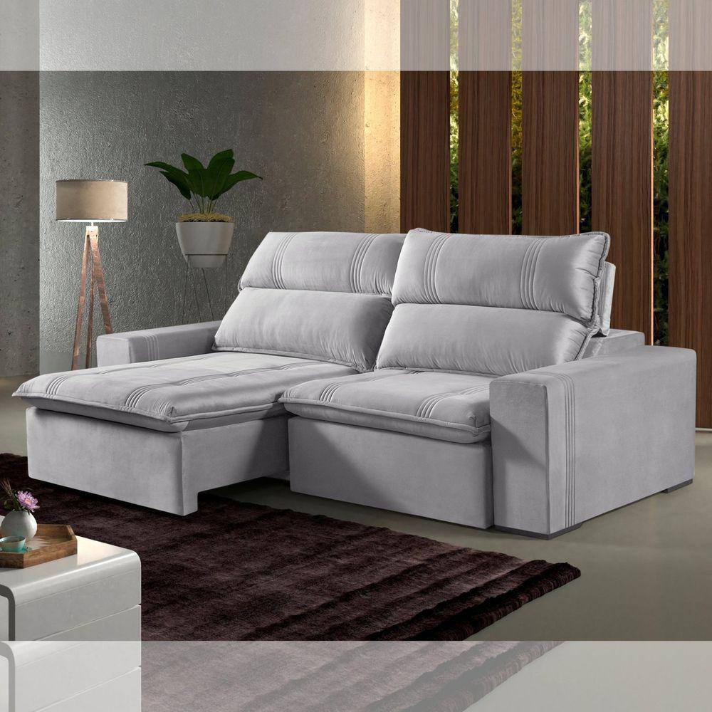 Sofá 4 Lugares Retrátil e Reclinável Molas ensacadas Hanover Estofados Ferrari Veludo Paris Prata