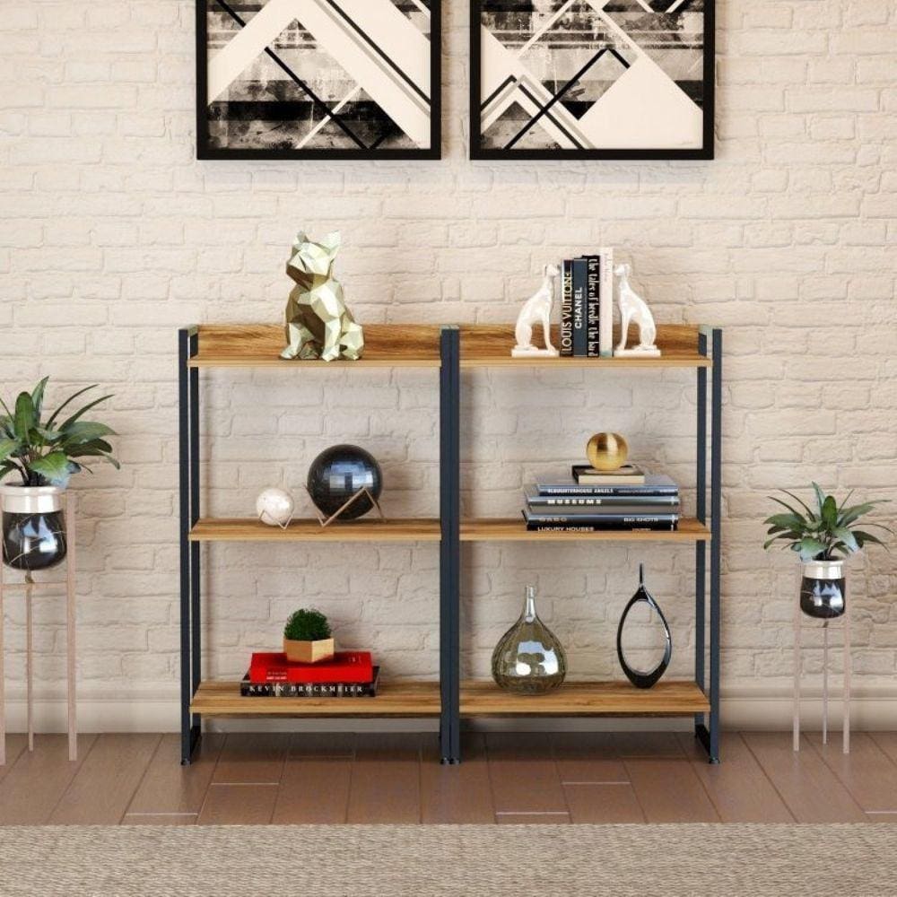 Conjunto 2 Estantes para Livros Baixas Industrial Aço 3 Prateleiras 104x60cm Active Yescasa Carvalho