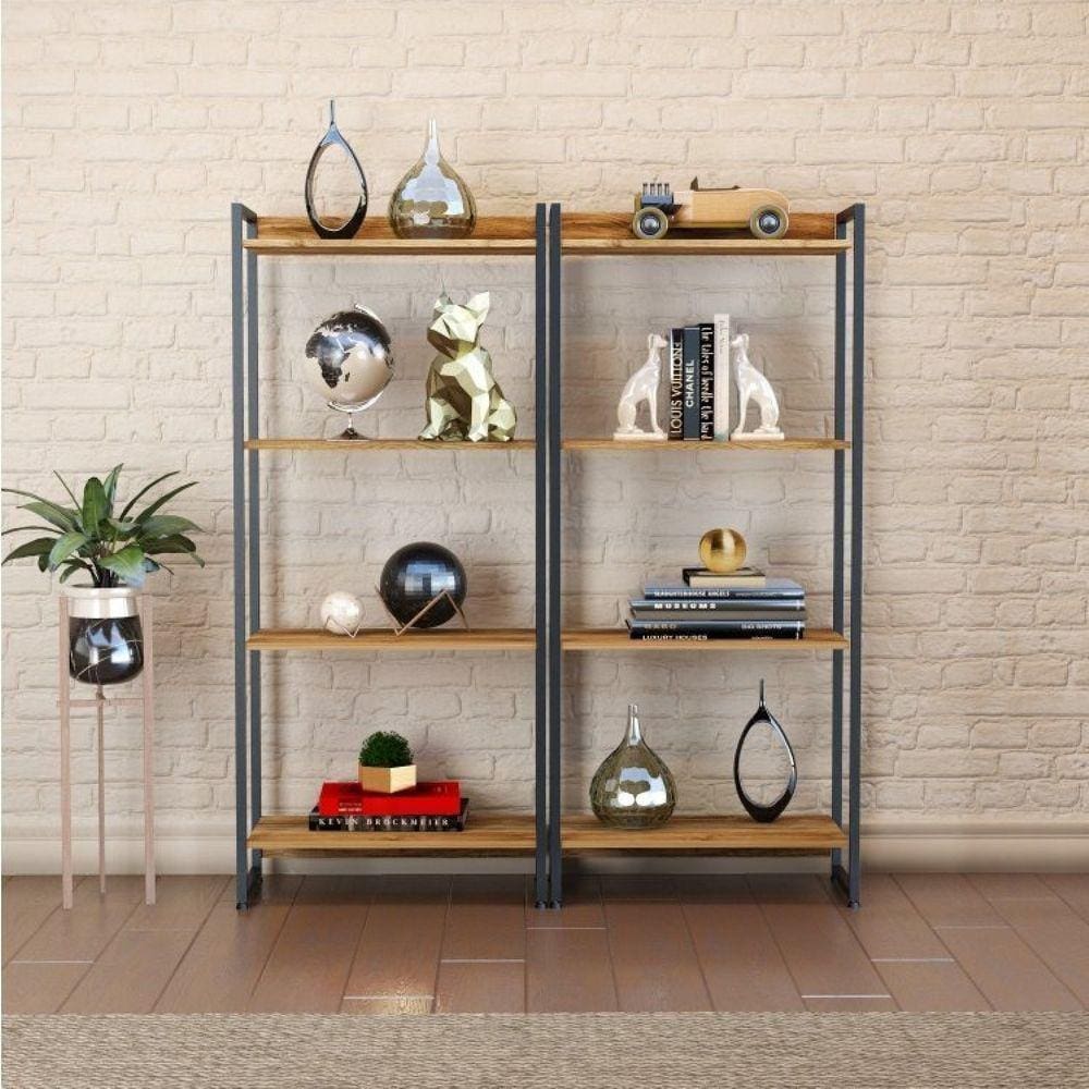 Conjunto 2 Estantes para Livros Médias Industrial Aço 4 Prateleiras 146x60cm Active Yescasa Carvalho
