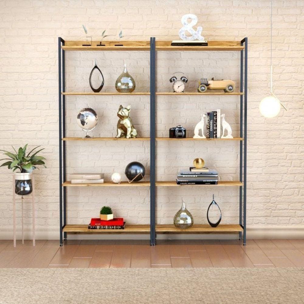 Conjunto 2 Estantes para Livros Altas Industrial Aço 5 Prateleiras 187x80cm Active Yescasa Carvalho