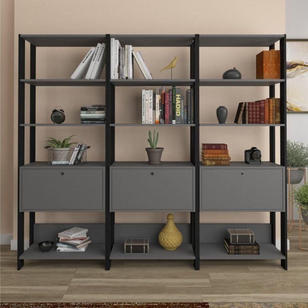 Conjunto 3 Estantes para Livros 1 Porta Match Espresso Móveis Preto e Grafite