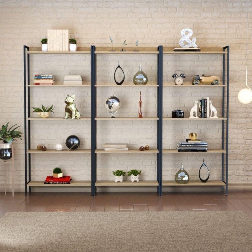 Conjunto 3 Estantes para Livros Industrial Aço 15 Prateleiras 187x240cm Active Yescasa Carvalho