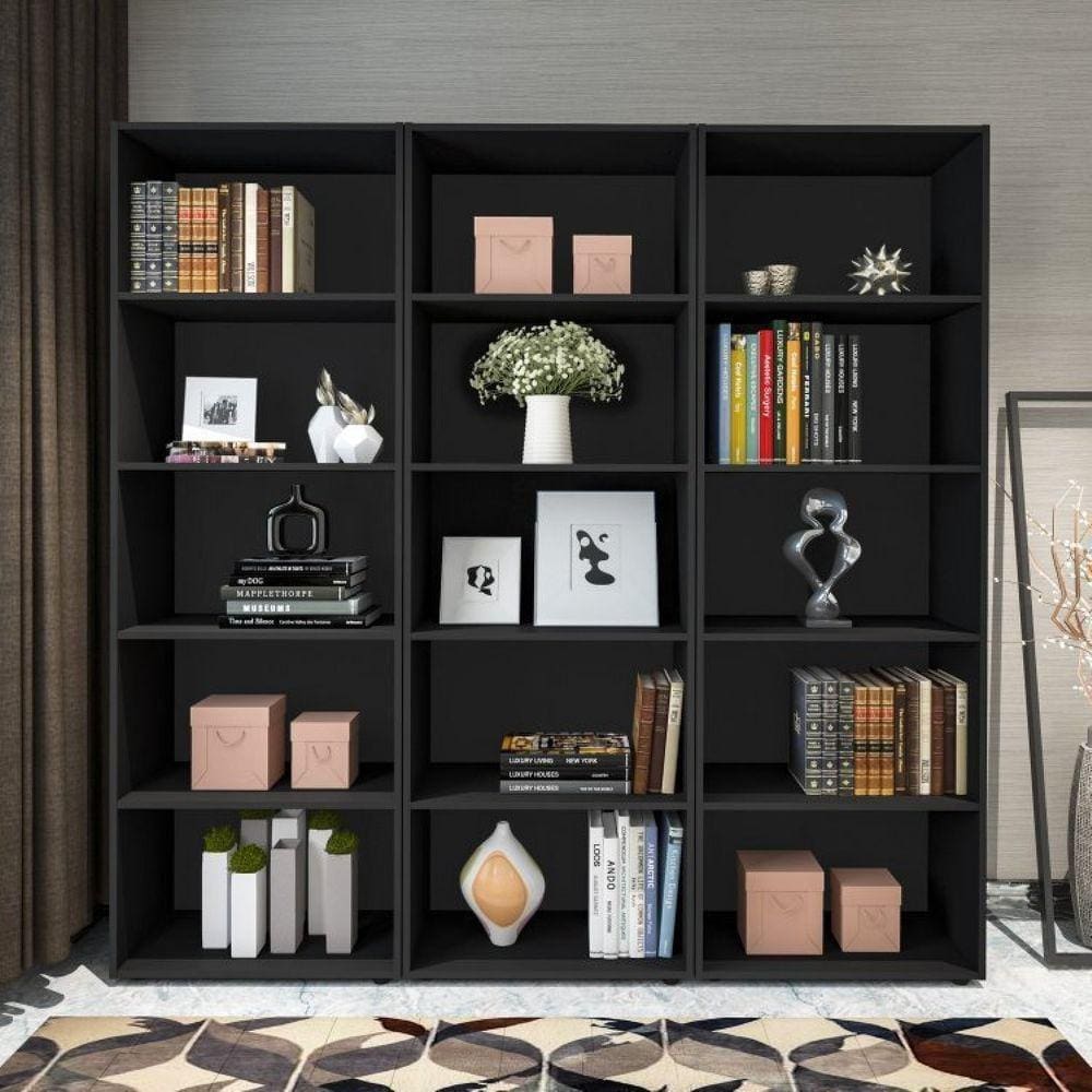 Conjunto de 3 Estantes para Livros Biblioteca 15 Nichos 1,8x1,8M Multy Espresso Móveis Preto