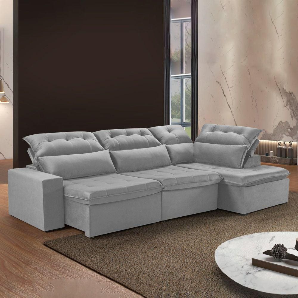 Sofá de Canto com Chaise 3 Lugares M153 Martins Estofados Veludo Veludo/Cinza