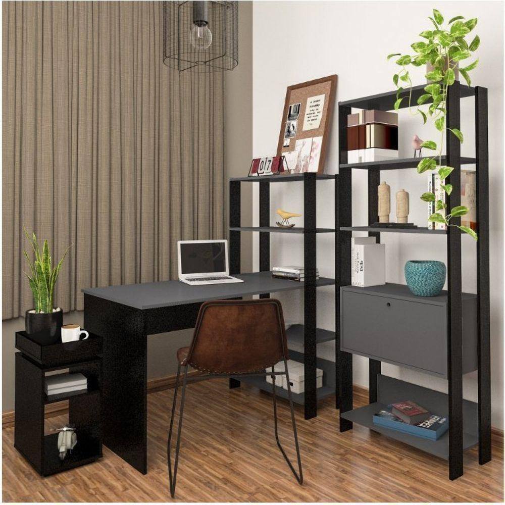 Conjunto Home Office 3 Peças com Escrivaninha Estante e Mesa Lateral Match Artely Preto/Grafite