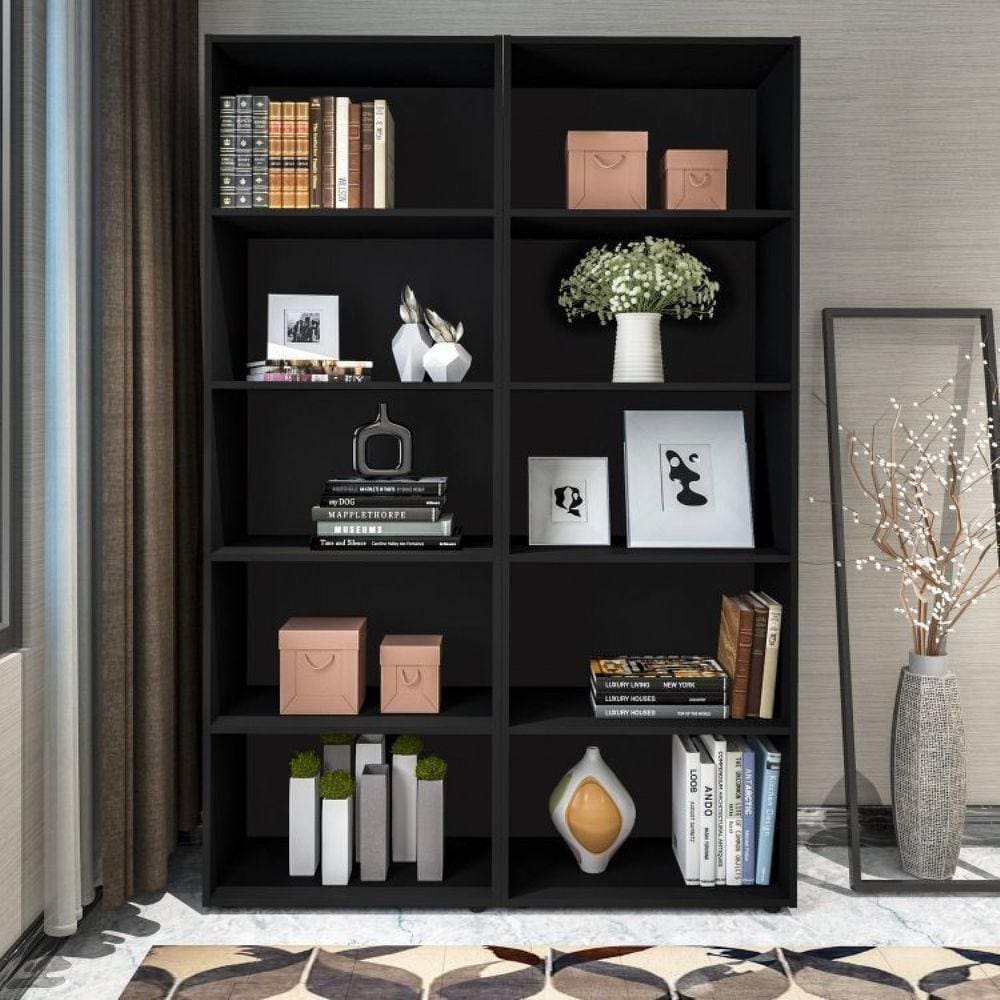 Conjunto de 2 Estantes para Livros Biblioteca 10 Nichos 1,2x1,8M Multy Espresso Móveis Preto