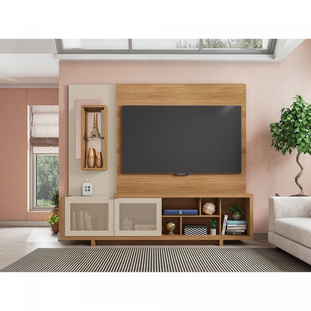 Estante Home para TV até 75 Polegadas com Espelho 2 Portas 5 Nichos 3 Prateleiras Linus Caemmun Buriti/Off White