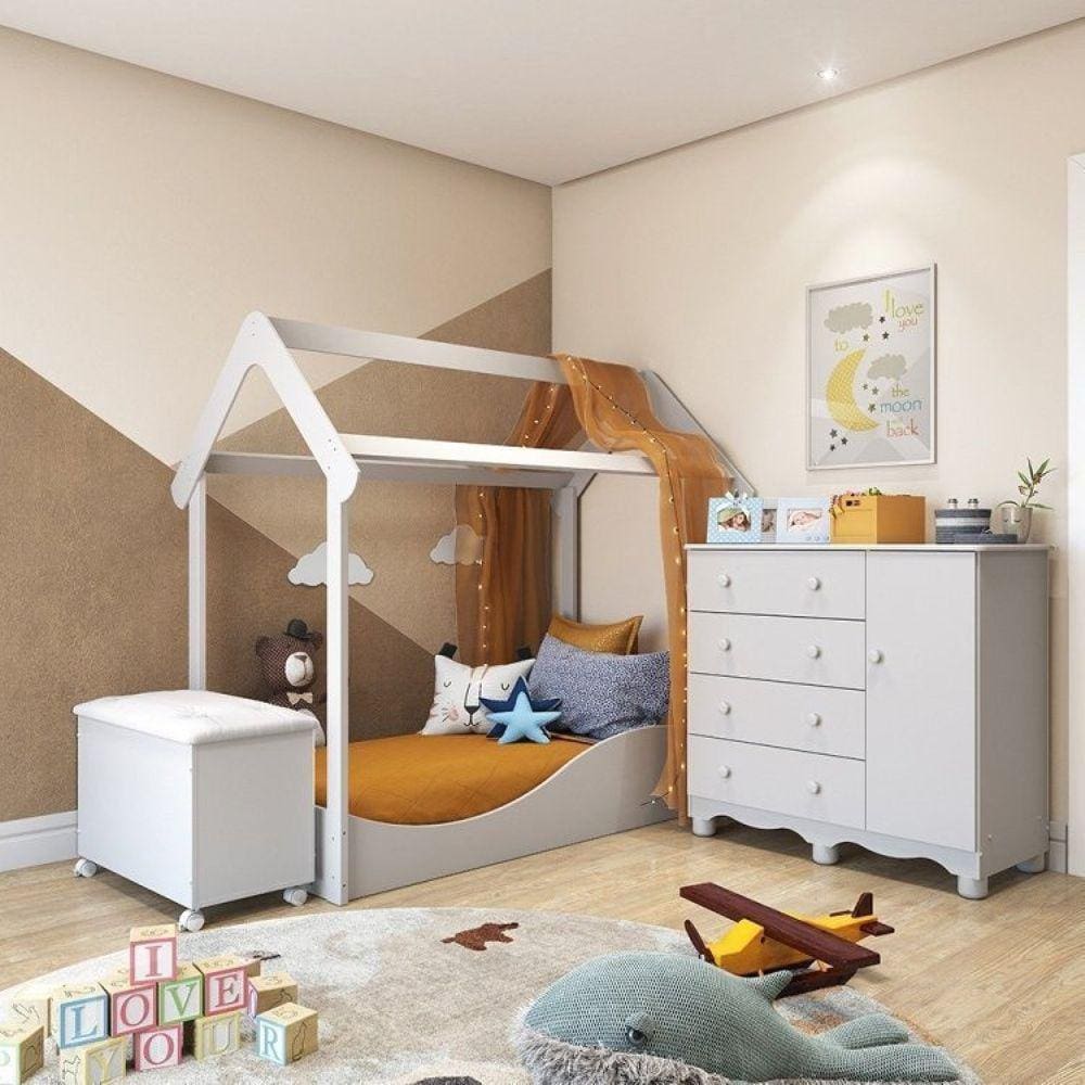 Quarto Infantil com 1 Minicama Montessoriana 1 Cômoda 4 Gavetas 1 Baú com Tampo Espresso Móveis Branco