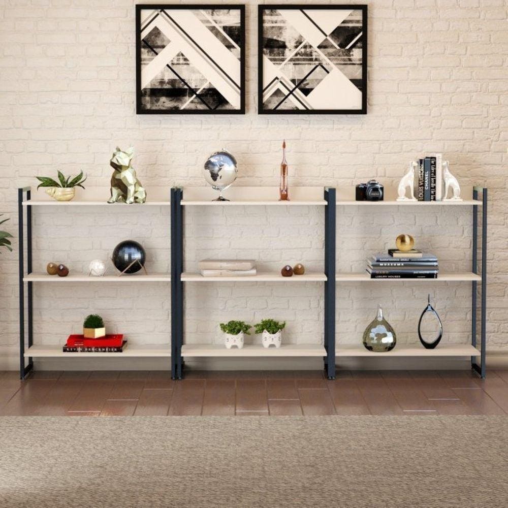 Conjunto 3 Estantes para Livros Baixas Industrial Aço 3 Prateleiras 104x80cm Active Yescasa Branco Chess