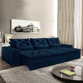 Sofá Reclinável 5 Lugares 320cm Dallas Montano Estofados Veludo Azul Marinho