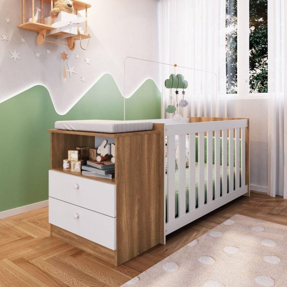 Conjunto para Quarto de Bebê com Berço Moisés e Cômoda 2 Gavetas Aconchego Completa Móveis Nogal Manchester/Branco