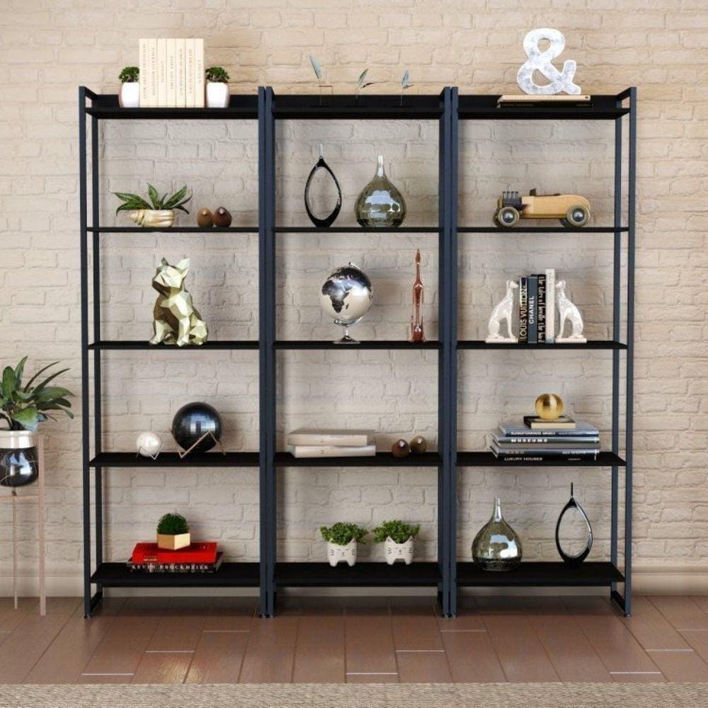 Conjunto 3 Estantes para Livros Industrial Aço Multiuso 15 Prateleiras Active Yescasa Preto Onix
