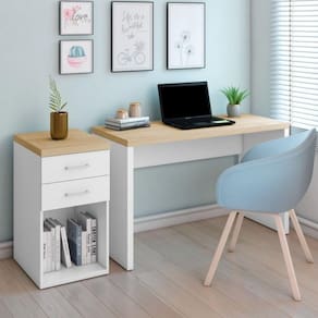 Conjunto Escritório Home Office 2 Peças com Escrivaninha e Gaveteiro 2 Gavetas Toq Artany Olmo/Branco