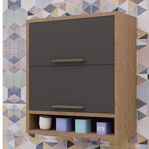 Armário Aéreo de Cozinha 80cm com 2 Portas Basculantes e Nicho 100% MDF Vicenza Castanho/Cinza