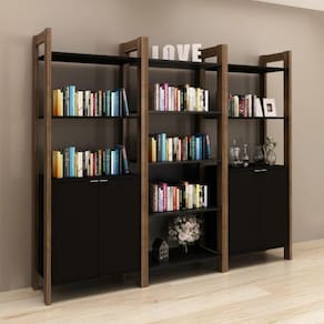 Conjunto 3 Estantes para Livros 4 Portas Biblioteca AZ Premium Espresso Móveis Preto/Nogal