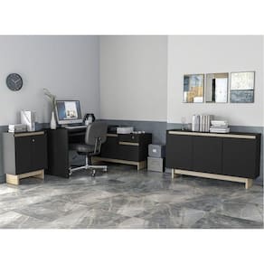 Conjunto Home Office com 1 Mesa em L 1 Aparador 1 Balcão Los Angeles Politorno Preto/Carvalho Claro