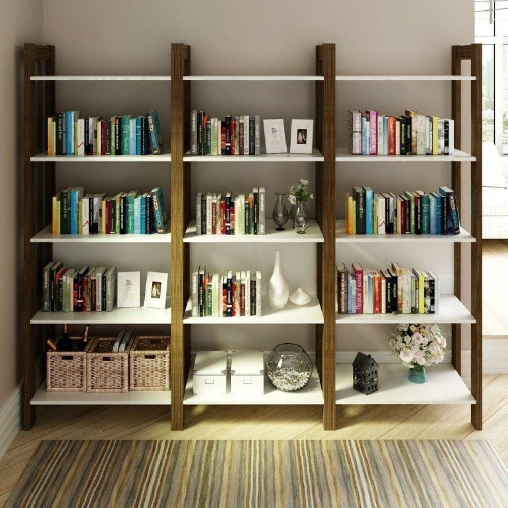 Conjunto 3 Estantes para Livros 15 Prateleiras Biblioteca AZ Premium Espresso Móveis Branco/Nogal