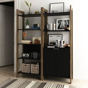 Conjunto 2 Estantes para Livros AZ Biblioteca 2 Portas Premium Espresso Móveis Preto/Nogal