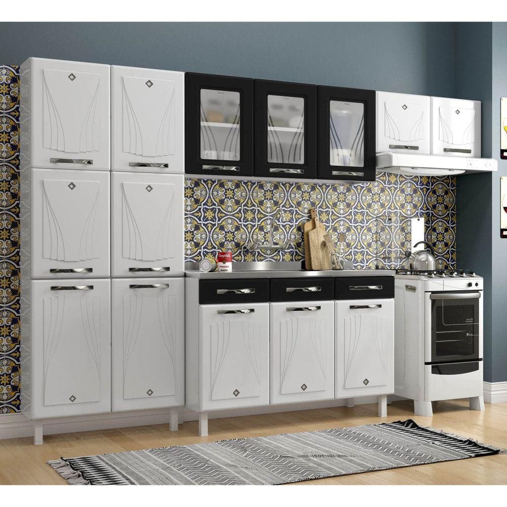 Cozinha Completa 14 Portas 2 Gavetas 3 Vidros Star New Telasul Preto