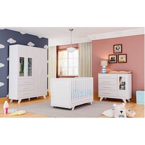 Quarto de Bebê Completo com Berço Cômoda e Guarda Roupa com Janela em Acrílico 100% MDF Jolie retrô Branco/Brilho