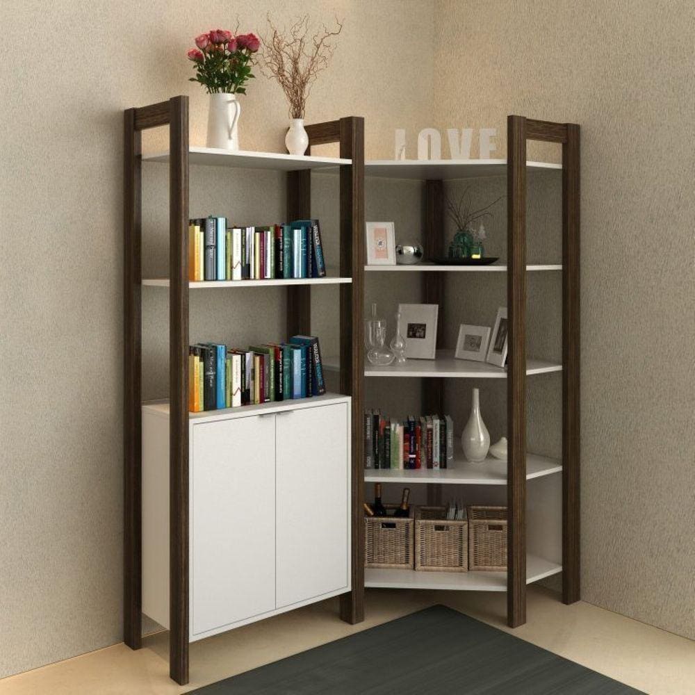 Conjunto 2 Estantes para Livros Biblioteca de Canto e Linear 2 Portas AZ Premium Espresso Móveis Branco/Nogal