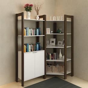 Conjunto 2 Estantes para Livros Biblioteca de Canto e Linear 2 Portas AZ Premium Espresso Móveis Branco/Nogal