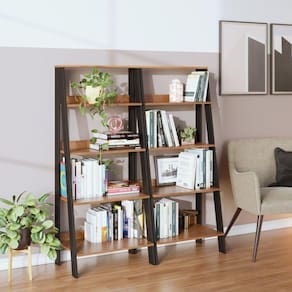 Conjunto de 2 Estantes para Livros Escada Biblioteca 140x61cm 4 Prateleiras Tok Yescasa Noce Milano/Preto Fosco