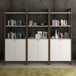 Conjunto 3 Estantes para Livros AZ Biblioteca 6 Portas Premium Espresso Móveis Branco/Nogal