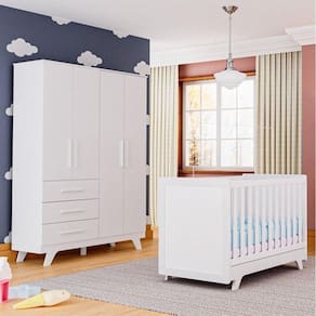 Quarto de Bebê Completo Berço Retrô com Guarda Roupa 4 Portas 3 Gavetas 100% MDF Jolie Branco Brilho