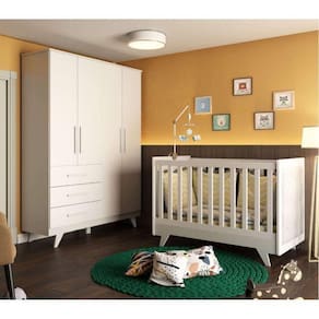 Quarto de Bebê com Guarda Roupa e Berço com Botões encapados Retrô Jolie Branco/Brilho