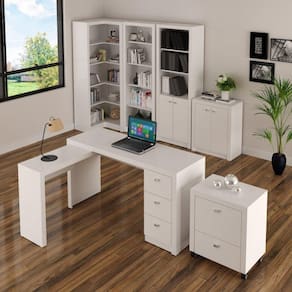 Conjunto Escritório 6 Peças 1 Mesa em L, 1 Balcão, 1 Gaveteiro, 1 Armário e 2 Estantes Tecno Mobili Branco