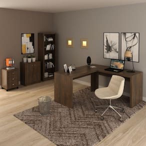 Conjunto Home Office 4 Peças com 1 Mesa em L 1 Balcão 1 Gaveteiro 1 Estante Espresso Móveis Rústico