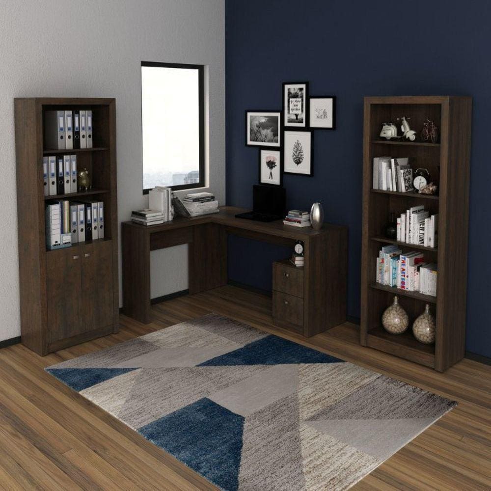 Conjunto Home Office 3 Peças 1 Mesa para Escritório em L com 2 Estantes Espresso Móveis Rústico