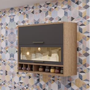 Armário Aéreo de Cozinha 120cm com 2 Portas Basculantes e Vidro Reflecta 100% MDF Vicenza Castanho/Cinza